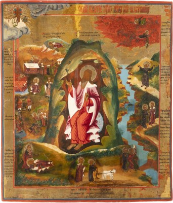 Picture GROSSFORMATIGE IKONE MIT DEM PROPHETEN ELIAS, SEINEM LEBEN IN DER WÜSTE UND SEINER FEURIGEN HIMMELFAHRT