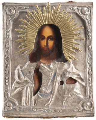 Auction <br>TWO SMALL ICONS OF CHRIST PANTOKRATOR WITH OKLAD AND THE PROPHET ELIJAH
