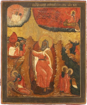Picture GROSSFORMATIGE IKONE MIT DEM PROPHETEN ELIAS, SEINEM LEBEN IN DER WÜSTE UND SEINER FEURIGEN HIMMELFAHRT