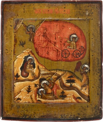 Picture SEHR FEINE IKONE MIT DEM PROPHETEN ELIAS, SEINEM LEBEN IN DER WÜSTE UND SEINER FEURIGEN HIMMELFAHRT