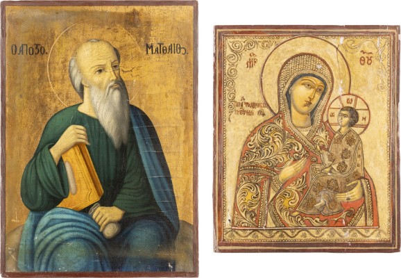 Auktion <br>ZWEI GROSSE IKONEN: GOTTESMUTTER VON TICHWIN UND EVANGELIST MATTHÄUS