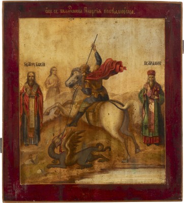 Bild IKONE MIT DEM HEILIGEN GEORG DEM DRACHENTÖTER FLANKIERT VON DEN HEILIGEN BLASIUS UND MEDOST