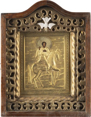 Auction <br>AN ICON SHOWING ST. TRIPHON WITH OKLAD WITHIN KYOT