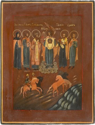 Picture GROSSE IKONE MIT DEM ERZENGEL MICHAEL FLANKIERT VON DEN TIERPATRONEN FLORUS, LAURUS, MODEST UND BLASIUS SOWIE NASTASIA
