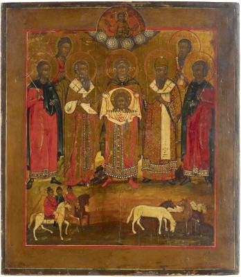 Picture GROSSE IKONE MIT DEM ERZENGEL MICHAEL FLANKIERT VON DEN TIERPATRONEN FLORUS, LAURUS, BASILIOS DER GROSSE UND BLASIUS SOWIE JOHANNES DEM VORLÄUFER UND ATHANASIOS