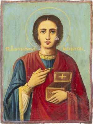 Auction <br>TWO SMALL ICONS SHOWING STS. PANETELEIMON AND GEORGE KILLING THE DRAGON