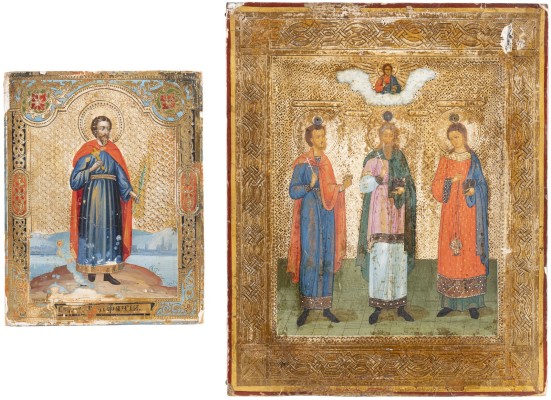Auction <br>TWO ICONS SHOWING ST. BONIFACE AND STS. SAMON, GURIY AND AVIV