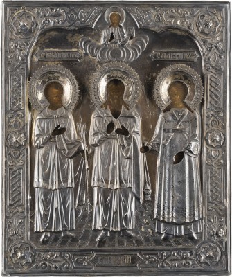 Auction <br>AN ICON SHOWING STS. SAMON, GURIY AND AVIV WITH A SILVER OKLAD