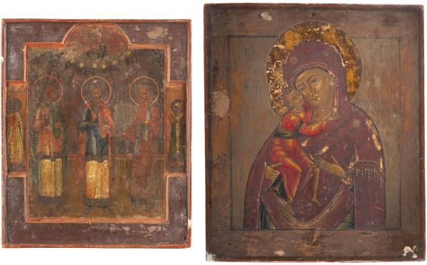 Auction <br>TWO ICONS SHOWING THE FEODOROVSKAYA MOTHER OF GOD AND STS. SAMON, GURIY AND AVIV