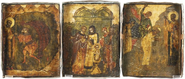 Auction <br>THREE FINE FRAGMENTS OF A VITA ICON OF ST. NICHOLAS OF MYRA SHOWING SCENES FROM HIS LIFE