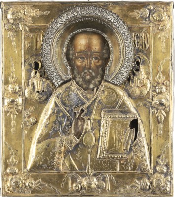 Auction <br>A VERY FINE ICON SHOWING ST. NICHOLAS OF MYRA WITH A SILVER-GILT OKLAD
