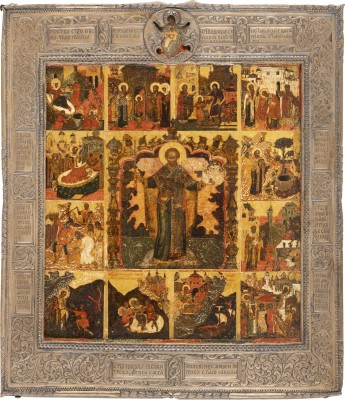 Auction <br>A VERY FINE VITA ICON OF ST. NICHOLAS OF MOZHAYSK WITH SILVER BASMA