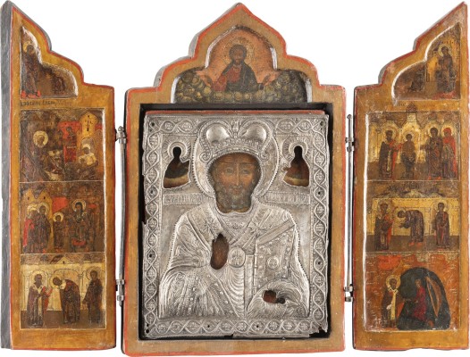 Picture GROSSES TRIPTYCHON MIT DEM HEILIGEN NIKOLAUS VON MYRA MIT SILBER-OKLAD UND VITA-SZENEN