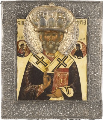 Picture IKONE MIT DEM HEILIGEN NIKOLAUS VON MYRA MIT SILBER-BASMA UND VERMEIL-NIMBUS