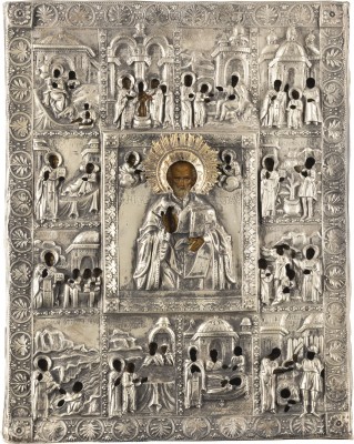 Auktion <br>GROSSE VITA-IKONE MIT DEM HEILIGEN NIKOLAUS VON MYRA MIT OKLAD