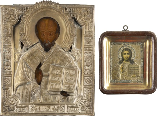 Auction <br>TWO ICONS SHOWING ST. NICHOLAS OF MYRA WITH OKLAD AND CHRIST PANTOKRATOR WITHIN KYOT
