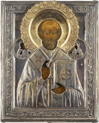 Auktion <br>IKONE MIT DEM HEILIGEN NIKOLAUS VON MYRA MIT OKLAD