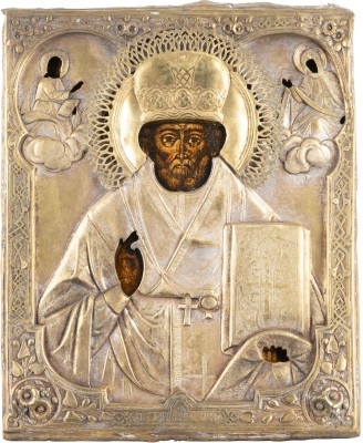 Auktion <br>GROSSE IKONE MIT DEM HEILIGEN NIKOLAUS VON MYRA MIT OKLAD