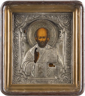 Bild IKONE MIT DEM HEILIGEN NIKOLAUS VON MYRA MIT OKLAD IM KIOT