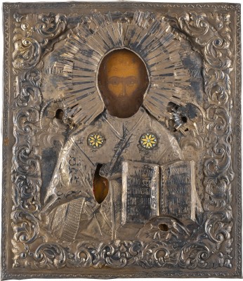 Auktion <br>GROSSE IKONE MIT DEM HEILIGEN NIKOLAUS VON MYRA MIT VERMEIL-OKLAD