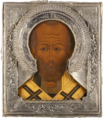 Auktion <br>IKONE MIT DEM HEILIGEN NIKOLAUS VON MYRA MIT RIZA