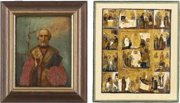 Auction <br>TWO ICONS: A FEAST DAY ICON AND A DATED ICON SHOWING ST. NICHOLAS OF MYRA