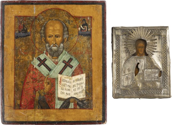 Picture ZWEI IKONEN: CHRISTUS PANTOKRATOR MIT OKLAD UND HEILIGER NIKOLAUS VON MYRA