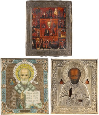 Auction <br>THREE ICONS SHOWING ST. NICHOLAS OF MYRA