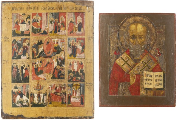 Auktion <br>ZWEI GROSSFORMATIGE IKONEN: HEILIGER NIKOLAUS VON MYRA UND FESTTAGSIKONE