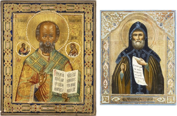 Auction <br>TWO SMALL ICONS SHOWING ST. NICHOLAS OF MYRA AND ST. HIOB OF POCHAEV