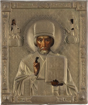 Auktion <br>IKONE MIT DEM HEILIGEN NIKOLAUS VON MYRA MIT OKLAD