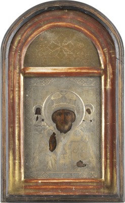 Auktion <br>IKONE MIT DEM HEILIGEN NIKOLAUS VON MYRA MIT SILBER-OKLAD IM KIOT