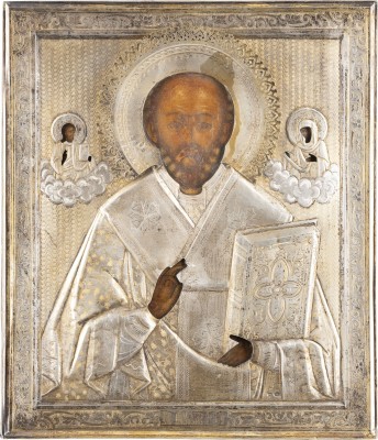 Bild IKONE MIT DEM HEILIGEN NIKOLAUS VON MYRA MIT SILBER-OKLAD