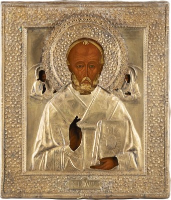 Auktion <br>IKONE MIT DEM HEILIGEN NIKOLAUS VON MYRA MIT OKLAD
