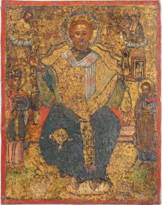 Picture IKONE MIT DEM THRONENDEN NIKOLAUS VON MYRA MIT ZWEI FLANKIERENDEN HEILIGEN