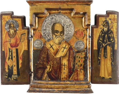 Picture FEINES TRIPTYCHON MIT DEM HEILIGEN NIKOLAUS VON MYRA, CHARALAMBOS UND ANTONIUS