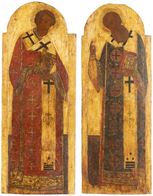 Auction <br>A PAIR OF MONUMENTAL ICONS SHOWING SAINTS IN BISHOP'S ATTIRE FROM A CHURCH ICONOSTASIS