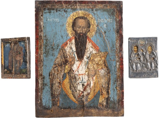 Bild DREI IKONEN: NEUTESTAMENTLICHE DREIFALTIGKEIT MIT OKLAD, GOTTESMUTTER UND HEILIGER BASILIUS DER GROSSE