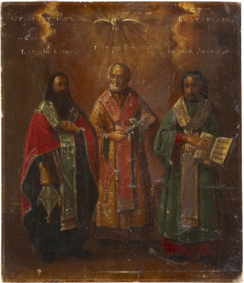 Bild IKONE MIT DEN DREI HIERARCHEN BASILIUS DEM GROSSEN, GREGOR DEM THEOLOGEN UND BASILIUS DEM GROSSEN