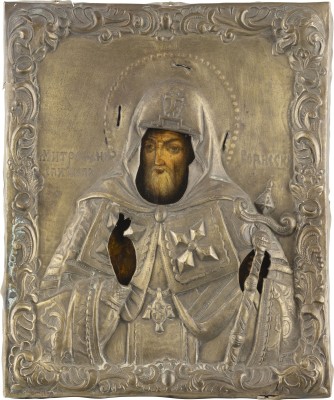Auction <br>AN ICON SHOWING ST. MITROPHAN OF VORONEZH WITH OKLAD