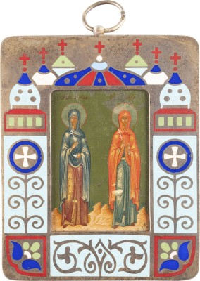 Auktion <br>MINIATUR-IKONE MIT DEN HEILIGEN MAFRA UND MARIA MIT CHAMPLEVÉ-EMAIL-BASMA