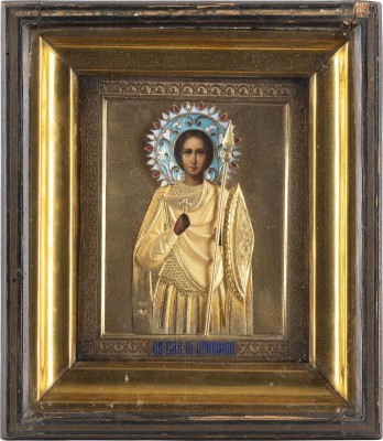 Bild KLEINE IKONE MIT DEM HEILIGEN PROKOPIOS VON CAESAREA MIT CLOISONNÉ-EMAIL-OKLAD IM KIOT