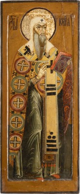 Auction <br>A PAIR OF MONUMENTAL ICONS SHOWING THE METROPOLITANS OF MOSCOW STS. PETER AND IONA FROM A