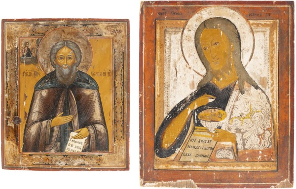 Auction <br>TWO ICONS SHOWING ST. SERGEY OF RADONEZH AND ST. JOHN THE FORERUNNER FROM A DEISIS