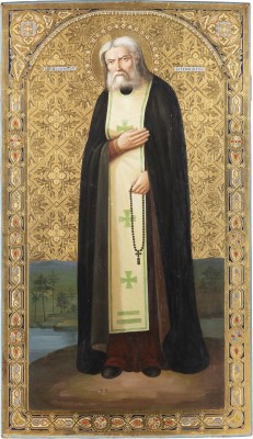 Auction <br>A MONUMENTAL SIGNED ICON SHOWING ST. SERAPHIM OF SAROV