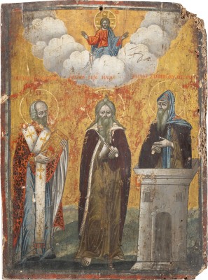 Picture GROSSE IKONE MIT DEN HEILIGEN NIKOLAUS VON MYRA, DEM PROPHETEN ELIAS UND SYMEON STYLITES