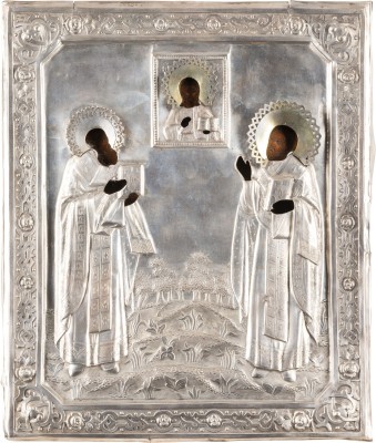 Auction <br>AN ICON SHOWING TWO BISHOP SAINTS (STS. MODEST AND BLAISE ?) WITH A SILVER OKLAD