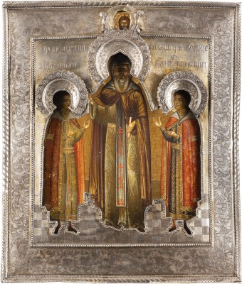 Picture IKONE MIT DEM HEILIGEN FEODOR VON JAROSLAWL MIT SEINEN SÖHNEN KONSTANTIN UND DAVID MIT SILBER-RIZA