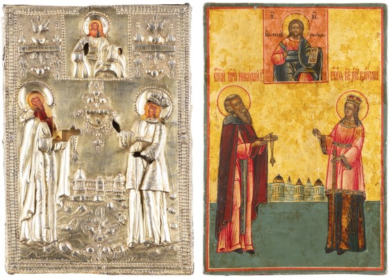 Auction <br>A SMALL ICON SHOWING CHRIST PANTOKRATOR AND TWO SAINTS WITH A SILVER-GILT OKLAD