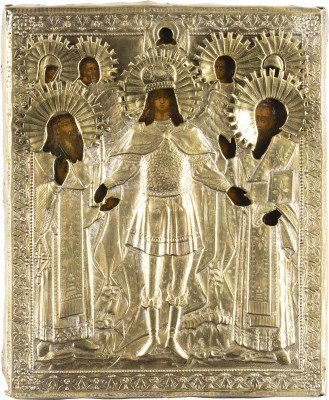 Auction <br>AN ICON SHOWING THE ARCHANGEL MICHAEL FLANKED BY SELECTED SAINTS WITH OKLAD